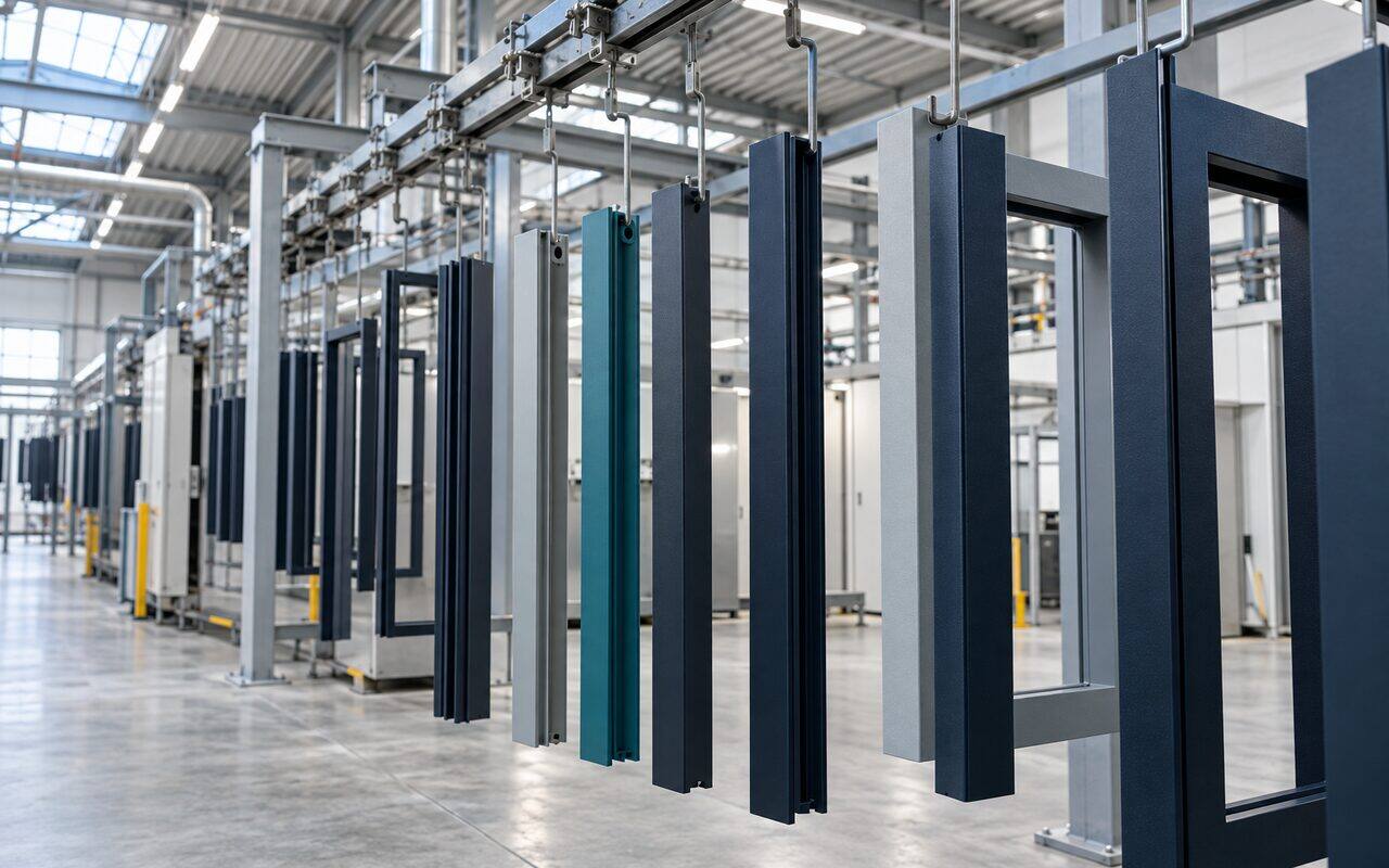 Gepoedercoate aluminium profielen en kozijnen aan een transportbaan in een coatinghal