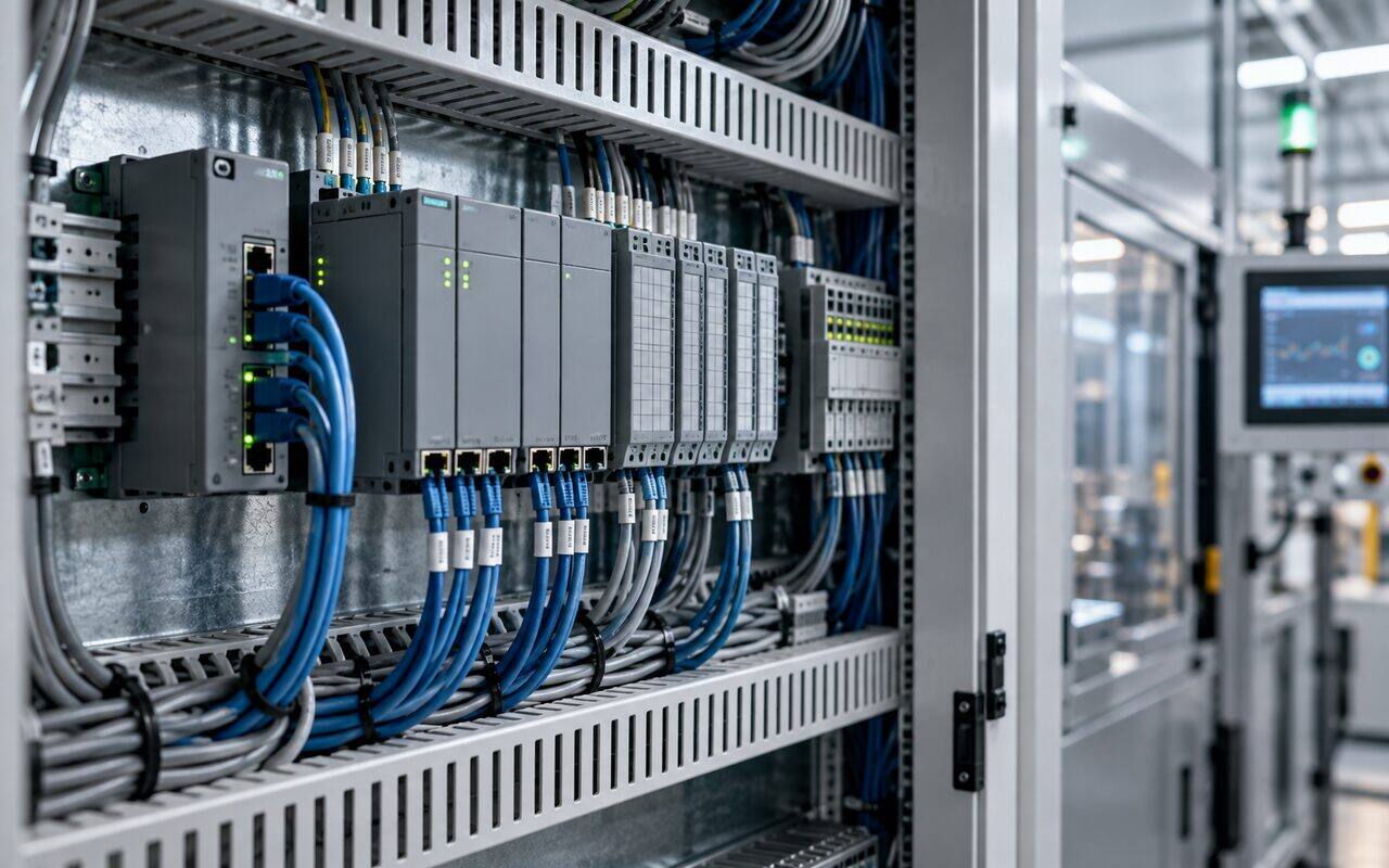 Geopende schakelkast met PLC-modules en genummerde netwerkkabels naast een machinescherm